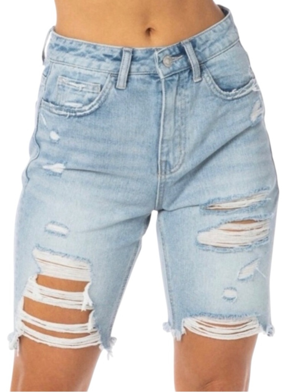 VERVET Tammie High Rise Distressed Bermuda Denim Shorts L NWT